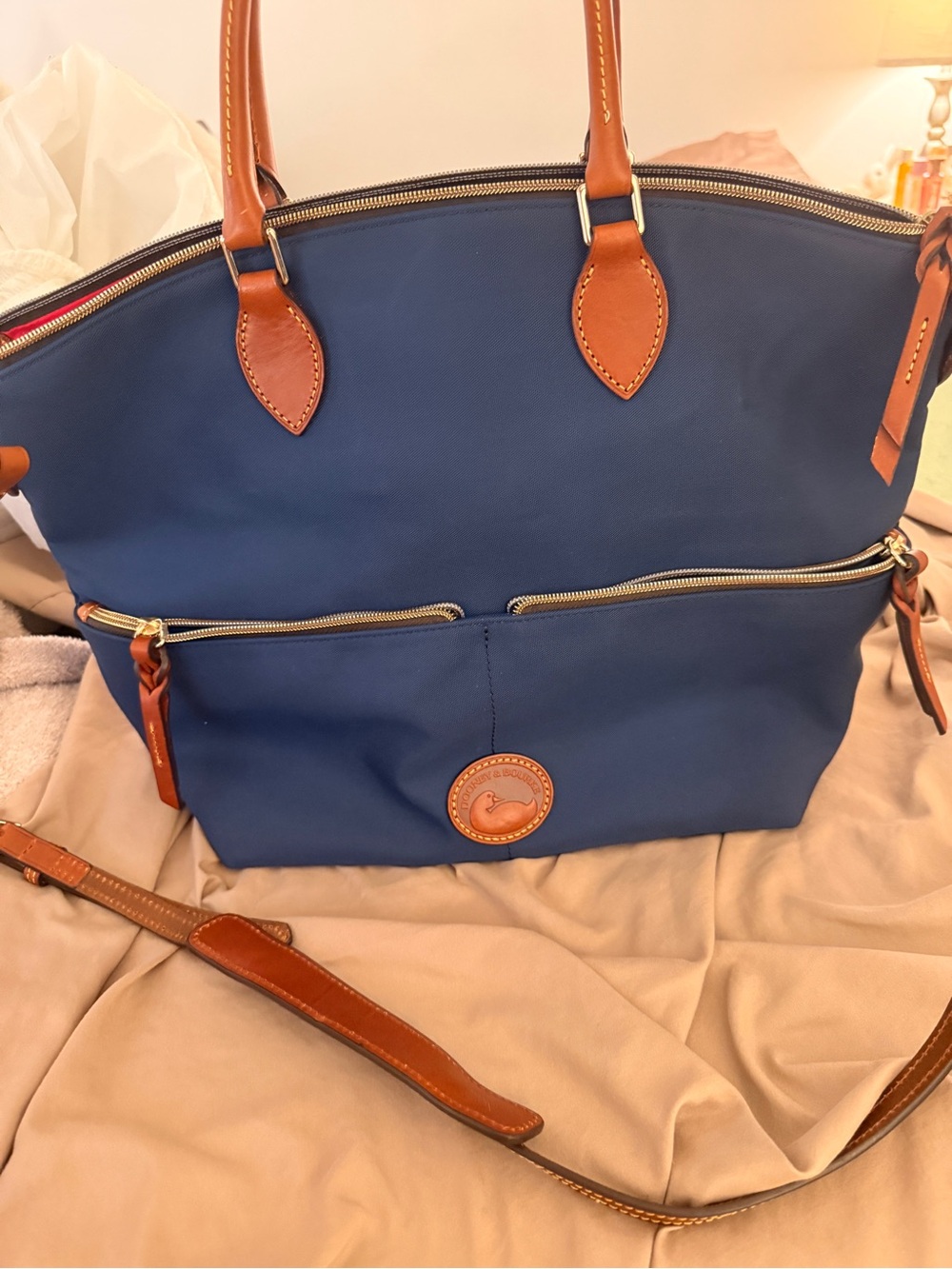 Blue Women's Tote Bag with Brown Trim